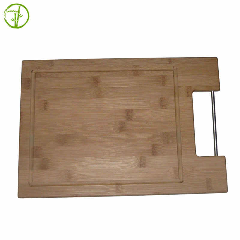 natural color bamboo cutting board with metal handle