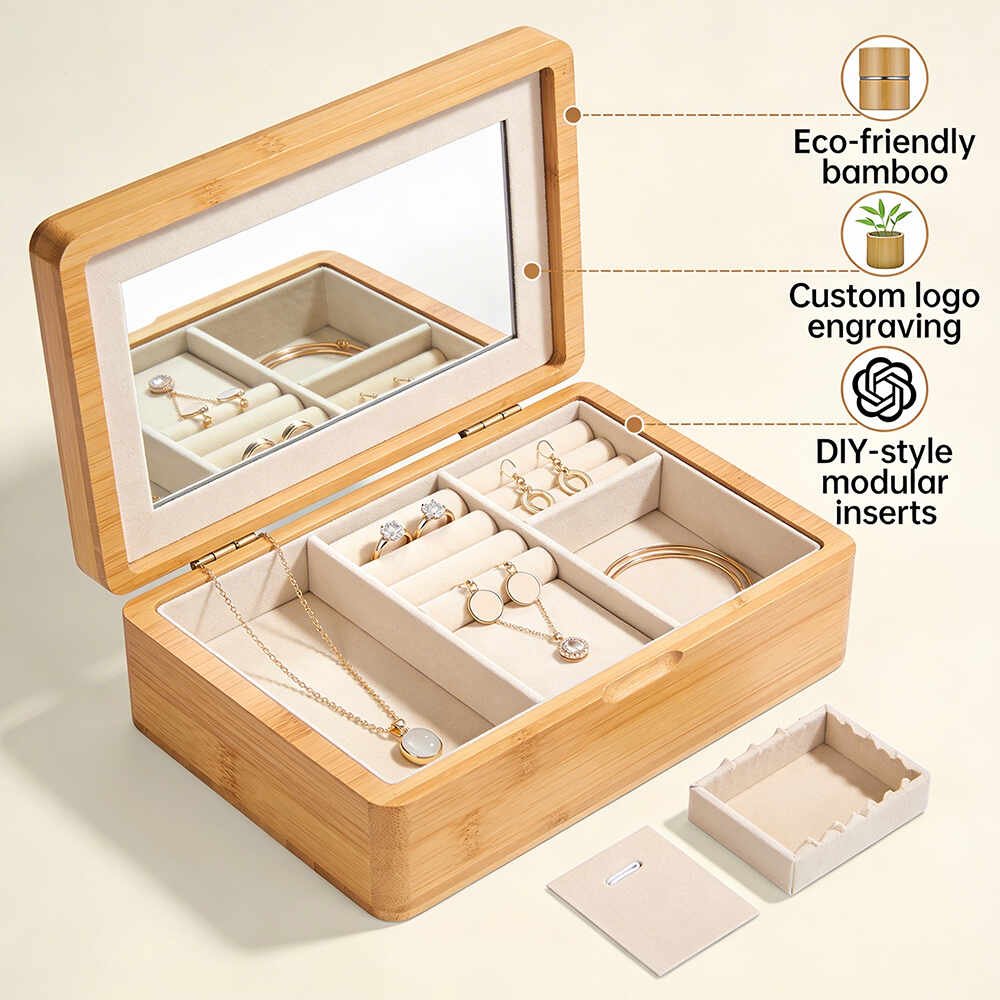 women’s bamboo jewelry box with mirror and diy modular inserts