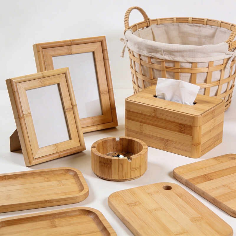 bamboo craft kitchen set with cutting boards trays and utensils on countertop showing eco friendly cooking and serving ideas
