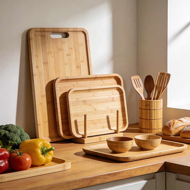bamboo craft kitchen set with cutting boards, trays and utensils on countertop, showing eco-friendly cooking and serving ideas