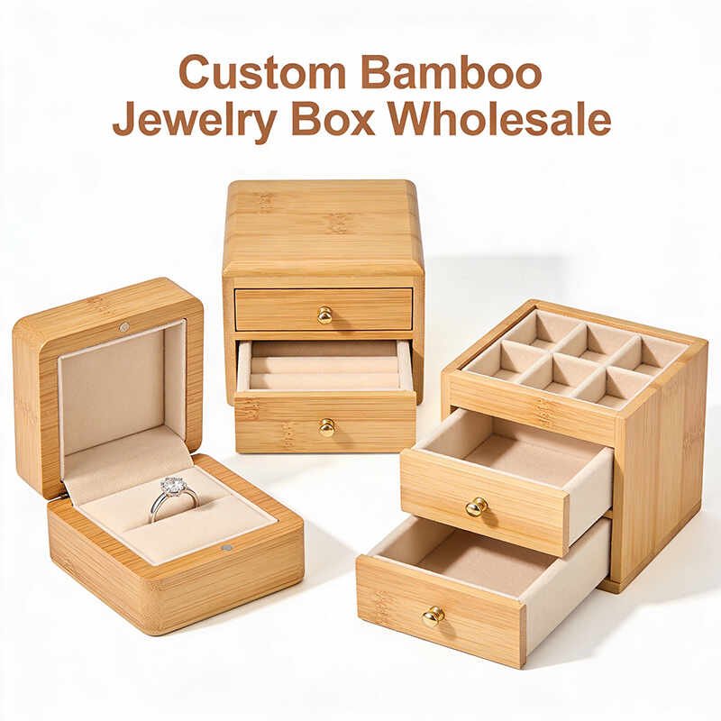 bamboo jewelry box wholesale display with hinged, drawer and stackable boxes