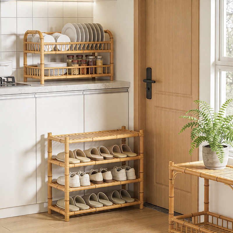 bamboo racks organizing dishes, shoes and plants in a bright home