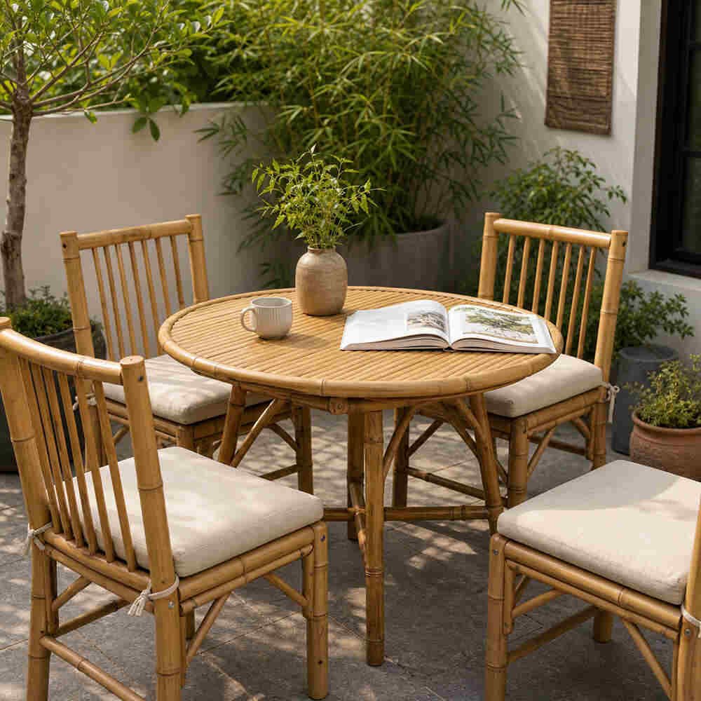 bamboo garden table in a calm outdoor patio setting