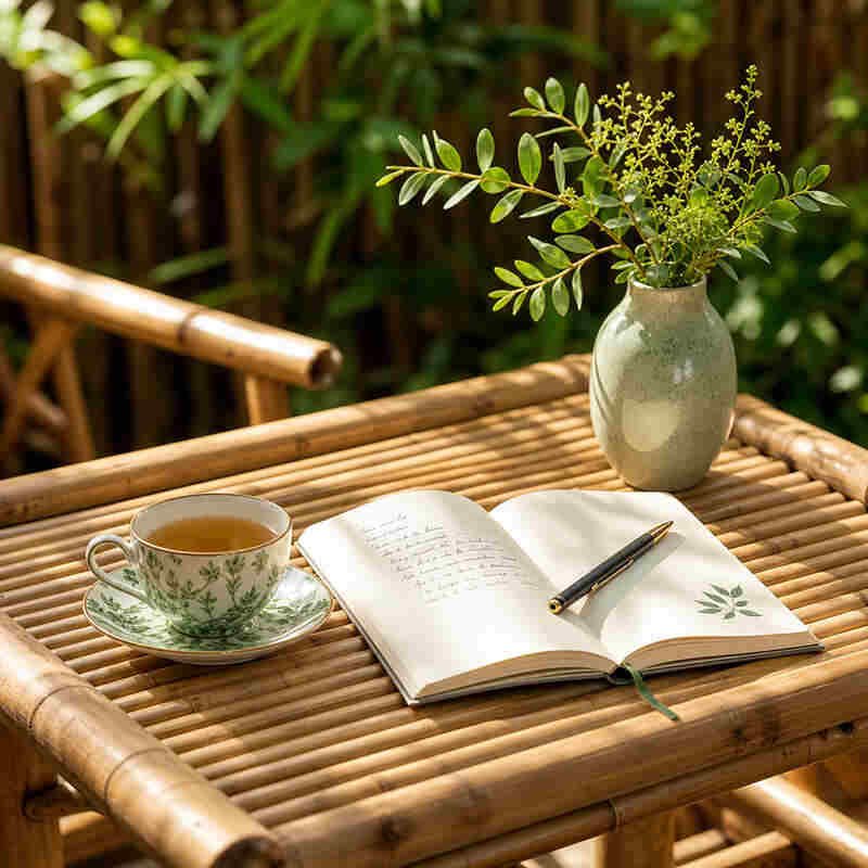 close-up bamboo garden table with soft garden styling