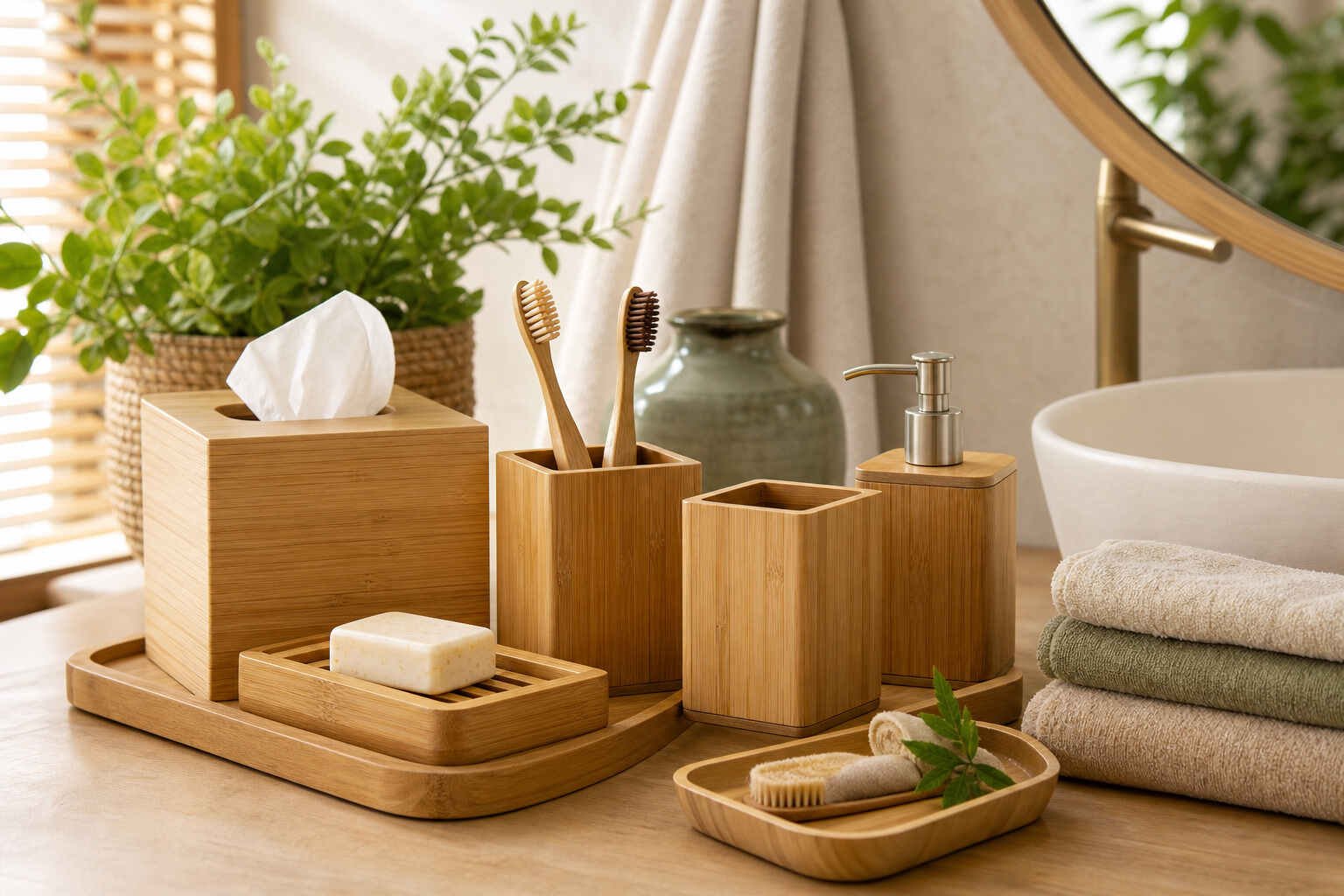 natural bamboo bathroom accessories in a warm bathroom
